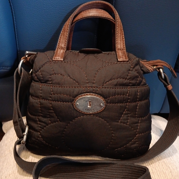 FOSSIL KEY-PER FOSSIL WOMENS CROSSBODY TOTE Black FABRIC/BROWN  LEATHER ZIP BAG - Picture 3 of 6